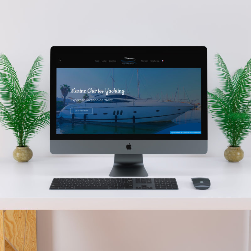 ordinateur avec une site internet de bateau sur un bureau blanc et deux plantes